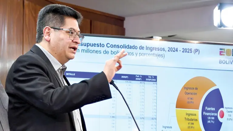 El ministro de Econom&iacute;a, Marcelo Montenegro, habla en una conferencia de prensa./ ABI