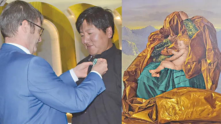 Distinci&oacute;n del artista Cristian Laime y una de las obras de &lsquo;Las formas del tiempo&rsquo;. / MNA, CRISTIAN LAIME
