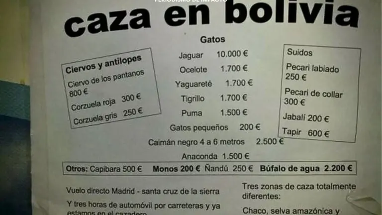 Cartel encontrado en Espa&ntilde;a, donde ofrec&iacute;an cazar en Bolivia. N&Oacute;MADAS.