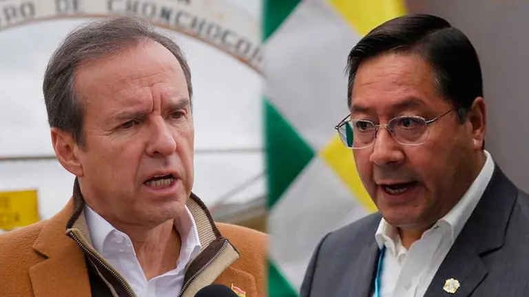 El expresidente Jorge Tuto Quiroga junto a una foto del presidente Luis Arce. Comp OPINI&Oacute;N