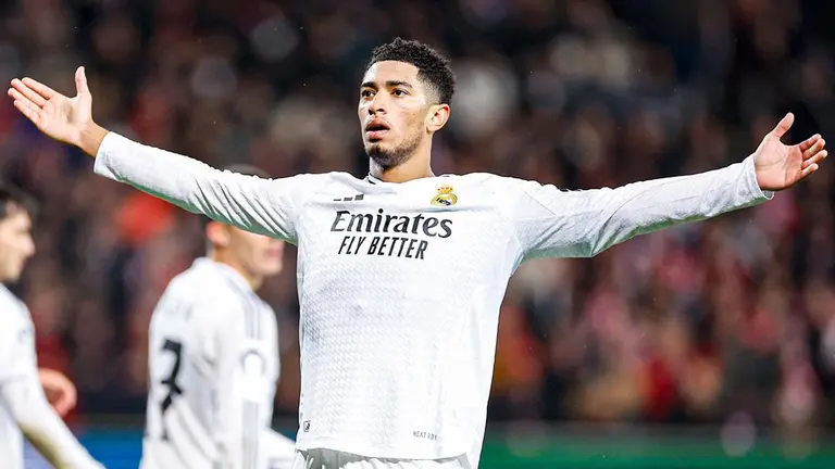 Jude Bellingham festeja su tanto al Brest./ REAL MADRID FC.