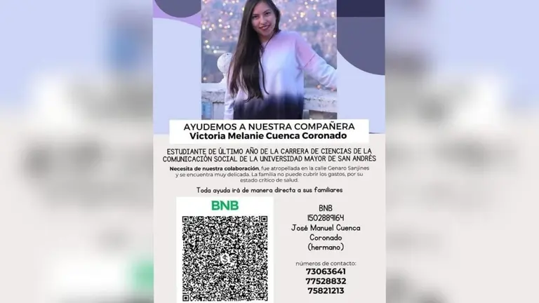 Piden ayuda para Victoria, universitaria que fue atropellada en La Paz./ CORTESÍA
