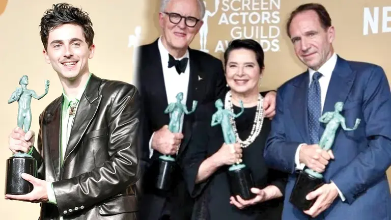 Timoth&eacute;e Chalamet (izq.) y el elenco de &lsquo;C&oacute;nclave&rsquo; (der.)./ SAG AWARDS