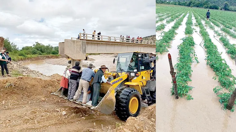Inundación en Mizque (izquierda). Cultivos anegados en Omereque./ GOBERNACIÓN-ALCALDÍA OMEREQUE