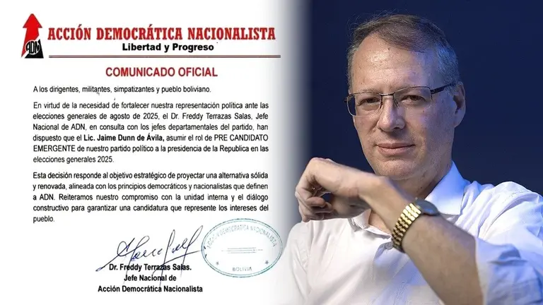 El comunicado de ADN (i), donde la sigla propone al economista Jaime Dunn (d) como precandidato a la Presidencia. COMPOSICI&Ograve;N OPINI&Oacute;N