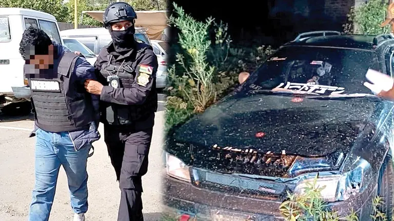 Jairo C.Q., detenido por secuestros y robo agravado (i). El veh&iacute;culo que el aprehendido choc&oacute; contra un poste (d)./ MARIELA COSS&Iacute;O-POLIC&Iacute;A