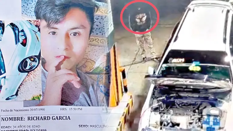 Afiche que reporta la desaparici&oacute;n de Richard y una imagen de la c&aacute;mara que muestra al presunto pasajero con el que viajaba a Mizque./CORTES&Iacute;A