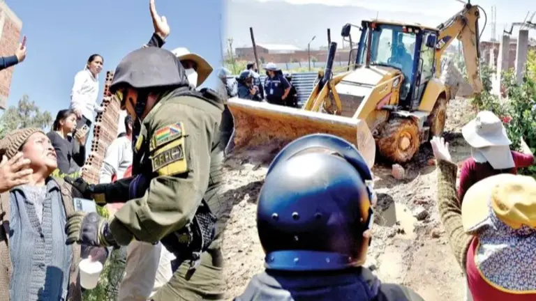 Una mujer intenta evitar la demolici&oacute;n de su vivienda en la zona de Vi&ntilde;a Central Norte, en El Abra, Sacaba (d). Demuelen construcciones ilegales (i). NO&Eacute; PORTUGAL