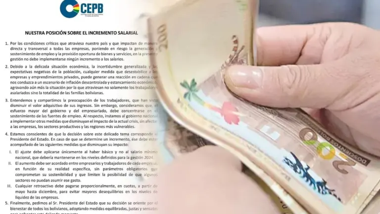 Comunicado de la Confederaci&oacute;n de Empresarios de Bolivia (CEPB) (i) sobre el incremento salarial (d). COMPOSICI&Oacute;N OPINI&Oacute;N