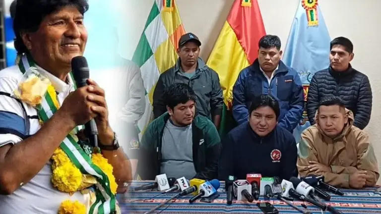 Evo Morales (i) y la dirigencia del Tr&oacute;pico (d). COMPOSICI&Oacute;N OPINI&Oacute;N