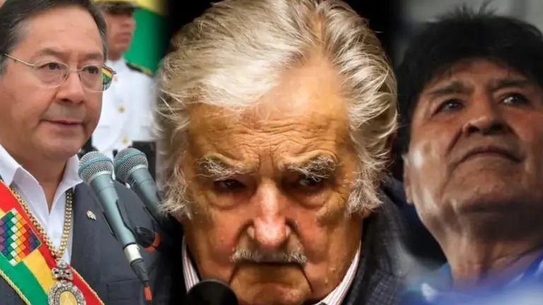 El expresidente de Uruguay Pepe Mujica (c), Evo Morales (d) y Luis Arce (i).  COMPOSICI&Oacute;N OPINI&Oacute;N