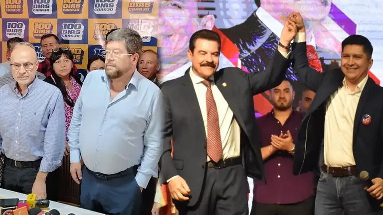 Samuel Doria Medina junto a los postulantes al legislativo (i). Manfred Reyes Villa en la presentaci&oacute;n de sus candidatos, ayer en Cochabamba./ MELISSA REVOLLO- DICO SOL&Iacute;S