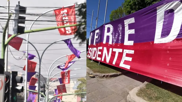 Banderas en postes de luz en la avenida Ayacucho y propaganda de S&uacute;mate en una rotonda./ DICO SOL&Iacute;S