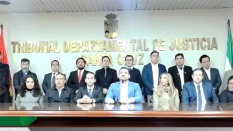 Rodeado de todos los vocales de la Sala Plena del TDJ y desde las instalaciones del TDJ de Santa Cruz, Romer Saucedo(c) explic&oacute; que el &ldquo;admitir&rdquo; una acci&oacute;n, no implica &ldquo;resolver el fondo&rdquo;. CAPTURA DE PANTALLA