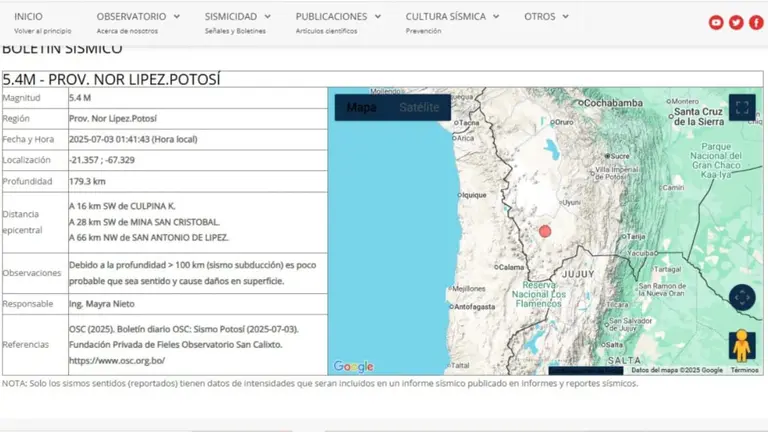 Un sismo de magnitud 5.4 sacudi&oacute; este jueves a las 01:41 a la regi&oacute;n Nor L&iacute;pez del departamento de Potos&iacute;. De acuerdo a la Red Sismol&oacute;gica del Observatorio San Calixto se tratar&iacute;a de un &ldquo;sismo intermedio&rdquo;. CAPTURA DE PANTALLA