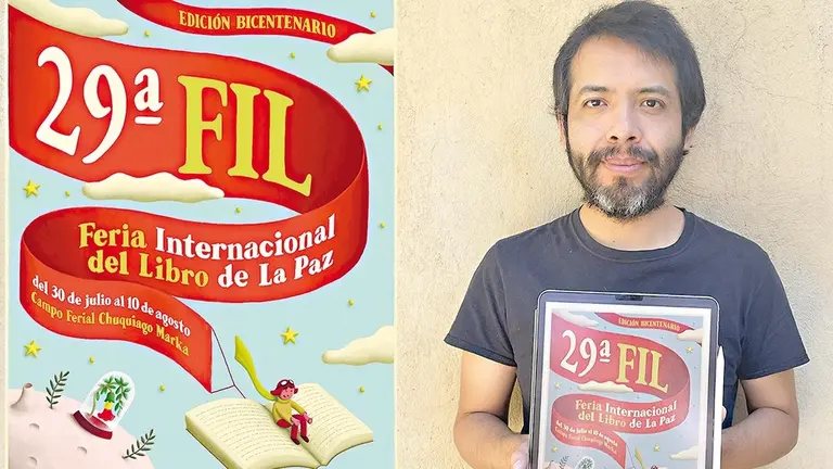 El cartel oficial de la FIL La Paz 2025 y su autor Dorian L&oacute;pez./ CDDLLP