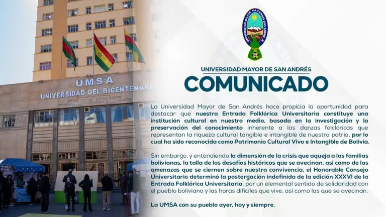 El comunicado (d) de la UMSA (i)  sobre la suspensi&oacute;n indefinida de la Entrada Folcl&oacute;rica. COMPOSICI&Oacute;N OPINI&Oacute;N