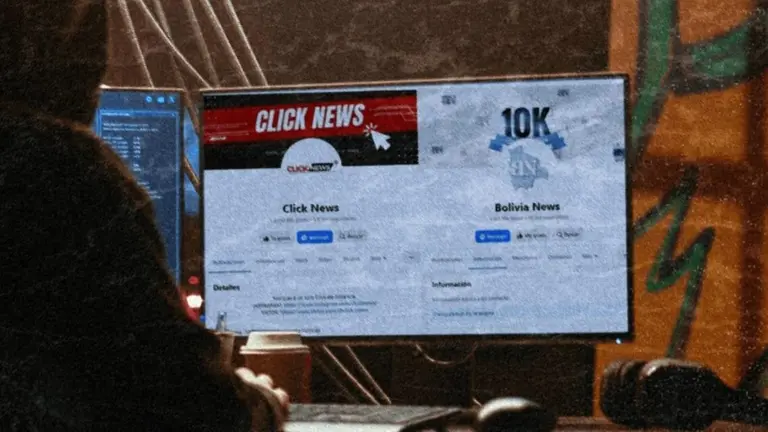 Los desinformantes usan las p&aacute;ginas Click News y Bolivia News para promocionar videos falsos. CAPTURA DE PANTALLA