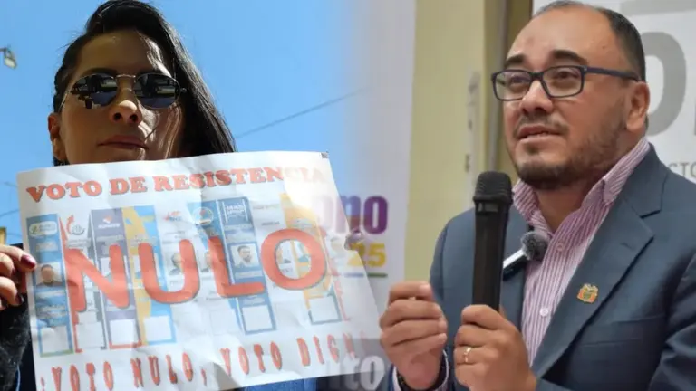 El vocal del TSE Gustavo &Aacute;vila (d) y una de las principales figuras del &ldquo;evismo&rdquo; Wilma Alanoca (i) quien, con un afiche en mano, aboga por &ldquo;voto de resistencia, nulo&rdquo;. COMPOSICI&Oacute;N OPINI&Oacute;N