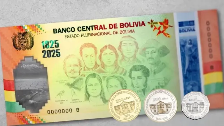 Billete y monedas de oro, plata y acero conmemorativas del Bicentenario. CORREO DEL SUR