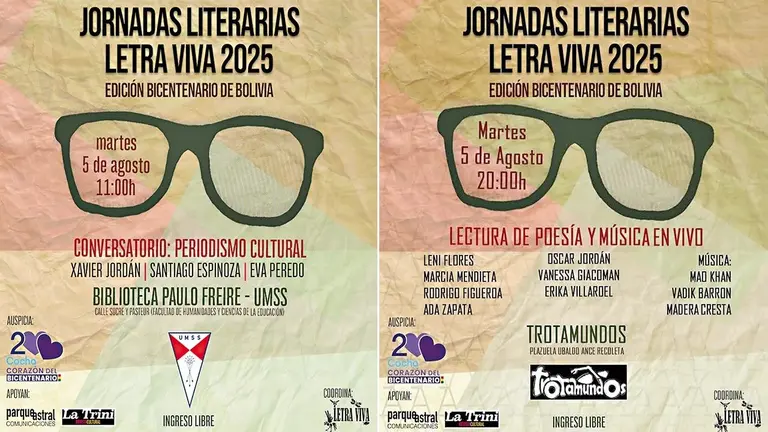 Afiche de invitaci&oacute;n a conversatorio en la UMSS (i). Afiche de invitaci&oacute;n a evento musical (d)./ CORTES&Iacute;A