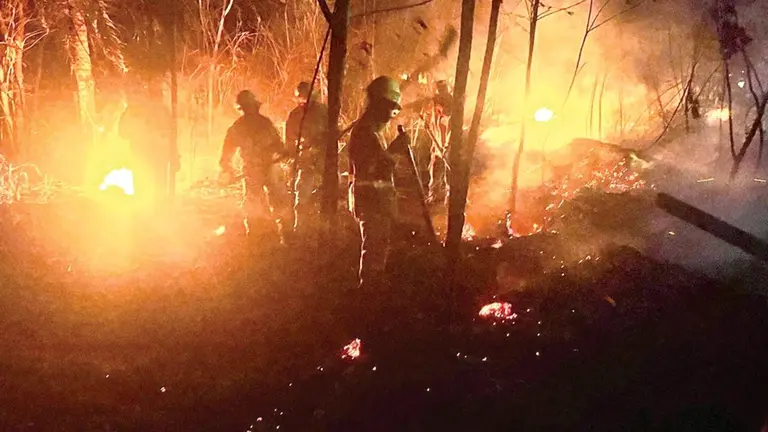 Imagen referencial de bomberos forestales mientras combaten un incendio en el oriente del pa&iacute;s./ ABI