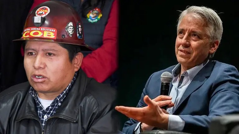 El dirigente de la COB Juan Carlos Huarachi, y el exvicepresidente &Aacute;lvaro Garc&iacute;a Linera./ APG Y MINISTERIO DE CULTURA DE ARGENTINA