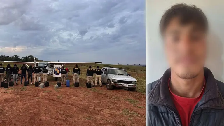La avioneta con matr&iacute;cula boliviana incautada en Paraguay. Del lado derecho, el futbolista boliviano detenido en el operativo. ABC COLOR PARAGUAY