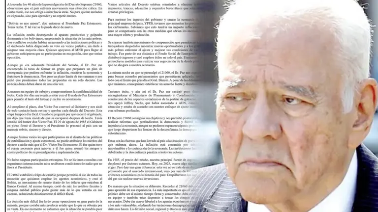 Gonzalo S&aacute;nchez de Lozada hizo su reaparici&oacute;n con texto publicado cuando se cumplen 40 a&ntilde;os del Decreto 21060. COMPOSICI&Oacute;N OPINI&Oacute;N