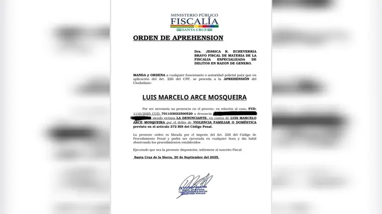 La orden de aprehensi&oacute;n que pesa contra Luis Marcelo Arce Mosqueira, el hijo del presidente Luis Arce.  RRSS