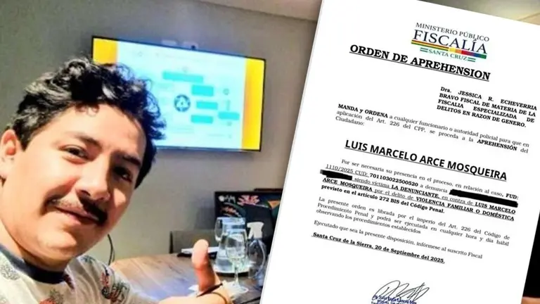 Luis Marcelo Arce Mosqueira, el hijo mayor del Presidente, (i) y la orden de aprehensi&oacute;n en su contra (d). COMPOSICI&Oacute;N OPINI&Oacute;N