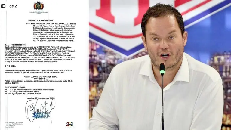 El presidente de YPFB, Armin Dorgathen, (d) y la orden de aprehensión (i). COMPOSICIÓN OPINIÓN
