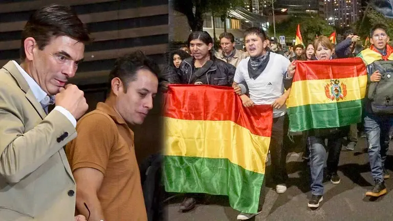 Del lado izquierdo, Rodrigo Paz y Edmand Lara. Del otro, una protesta en las calles contra la victoria del PDC./ APG