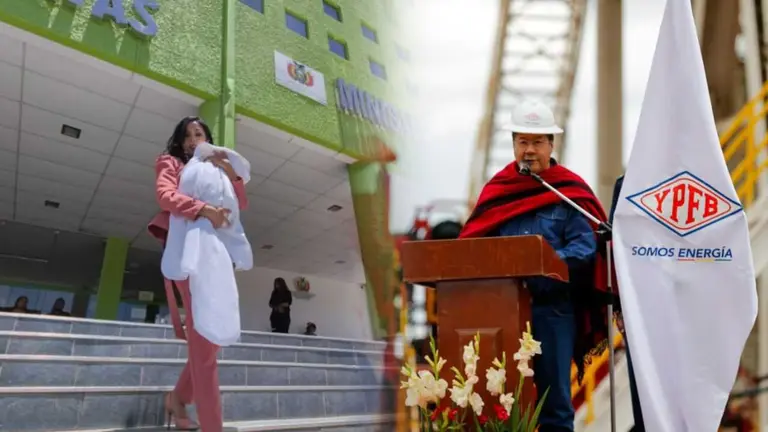Brenda L. con su beb&eacute; en el Idif de Cochabamba (i) y en paralelo, el presidente Luis Arce, durante una entrega de pozo hidrocarbur&iacute;fero con YPFB. COMPOSICI&Oacute;N OPINI&Oacute;N