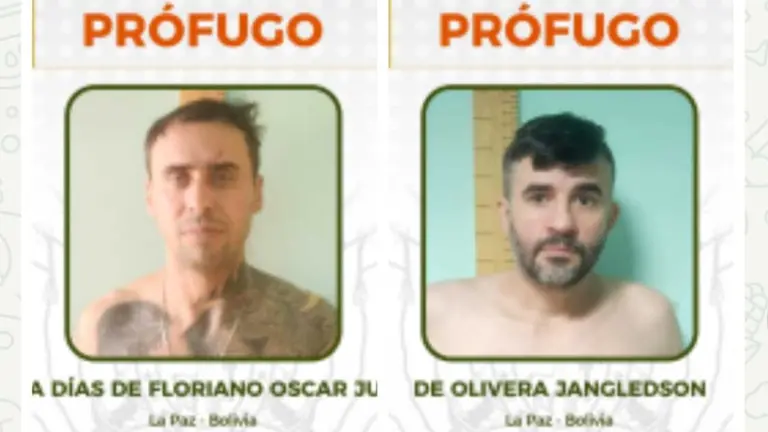 Afiche de b&uacute;squeda de los privados de libertad de nacionalidad brasile&ntilde;a Terra D&iacute;as de Floriano Oscar Junior y De Olivera Jangledsondos del penal de m&aacute;xima seguridad de Chonchocoro. POLIC&Iacute;A BOLIVIANA