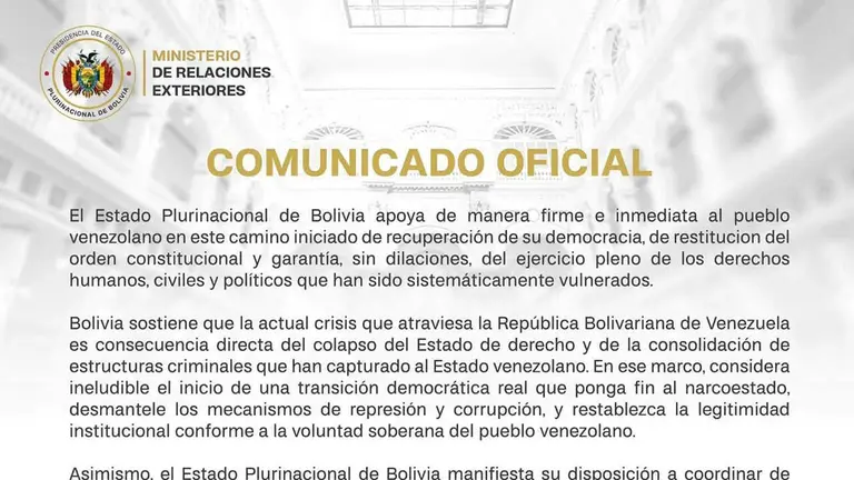 Pronunciamiento del Estado boliviano sobre los hechos ocurridos en Vnezuela este 3 de enero.