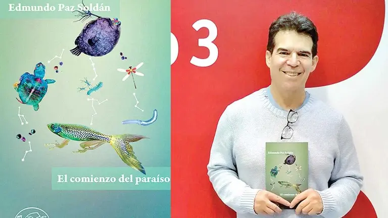 El escritor Edmundo Paz Sold&aacute;n y la portada de &ldquo;El comienzo del para&iacute;so&rdquo;./ RTVE/RRSS
