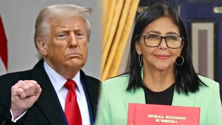 El presidente de EEUU, Donald Trump, y la presidenta encargada de Venezuela, Delcy Rodr&iacute;guez./ COMPOSICION OPINION
