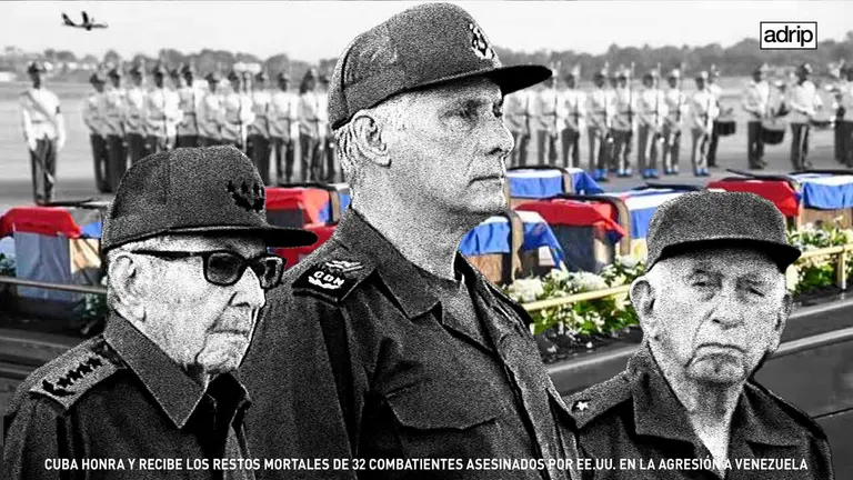 Autoridades cubanas despiden con honores a los 32 militares ca&iacute;dos en el ataque de EEUU en Caracas el pasado 3 de enero. COMPOSICI&Oacute;N ADRIANO LENAZ