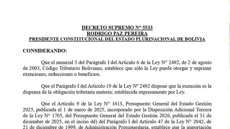 DS 5533 promulgado por Rodrigo Paz a trav{es de firma digital. ABI