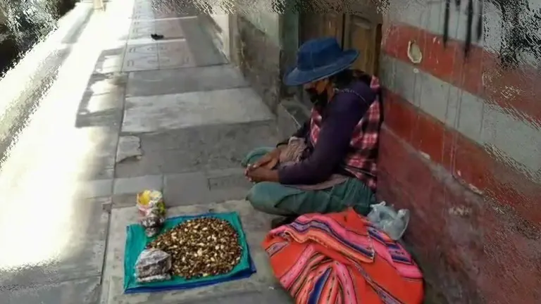 En las calles de Cochabamba, una adulta mayor vende tostado de haba sentada en la acera. FEM MEDIA