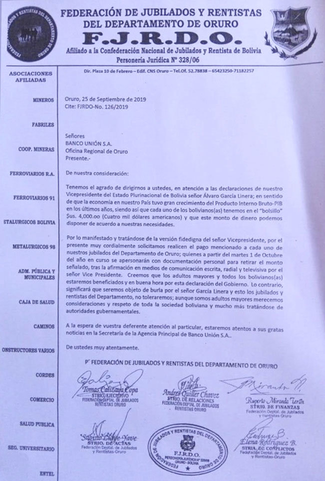 Carta de los rentistas que exige el pago de los 4 mil dólares que dijo García Linera