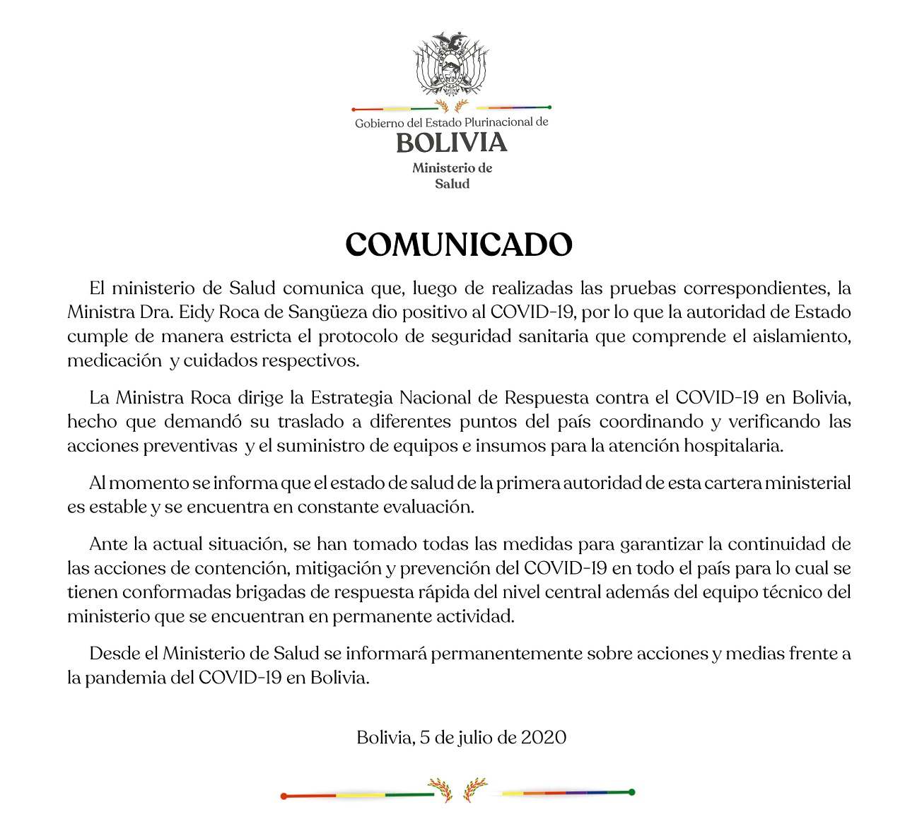 Comunicado del Ministerio de Salud que confirma que, Eidy Roca dio positivo a COVID-19