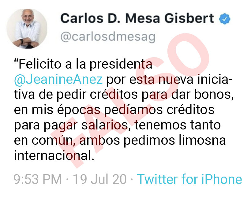 Mesa felicita a Áñez es falso