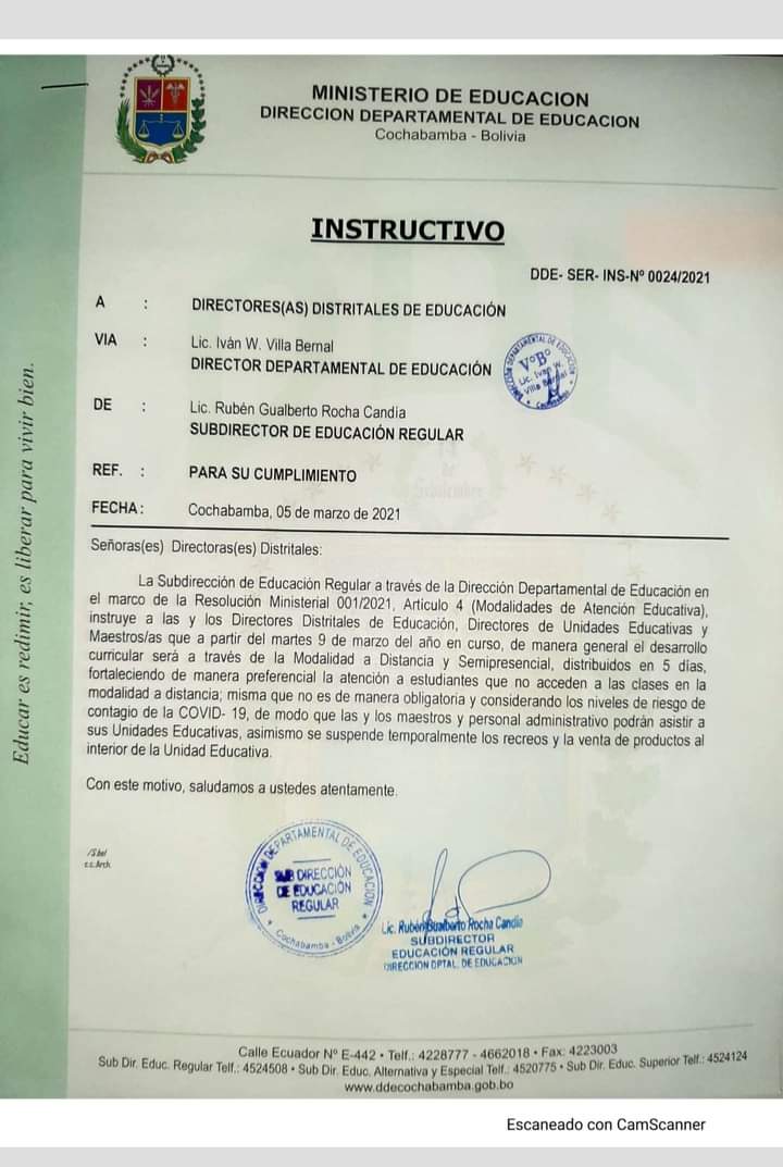 Instructivo de la Dirección Departamental de Educación (DDE) para el inicio de las clases semipresenciales en Cochabamba.