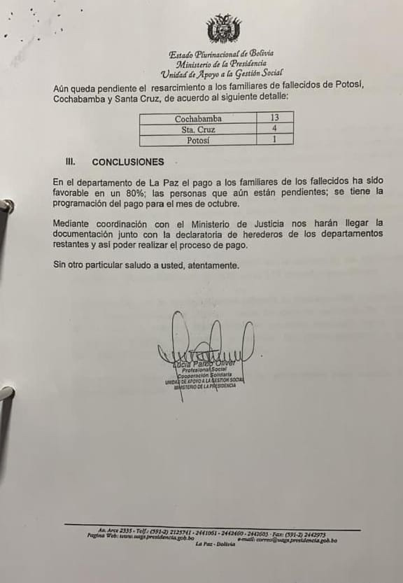Polémica sobre el pago a familiares de víctimas de Senkata en el gobierno de Jeanine Añez