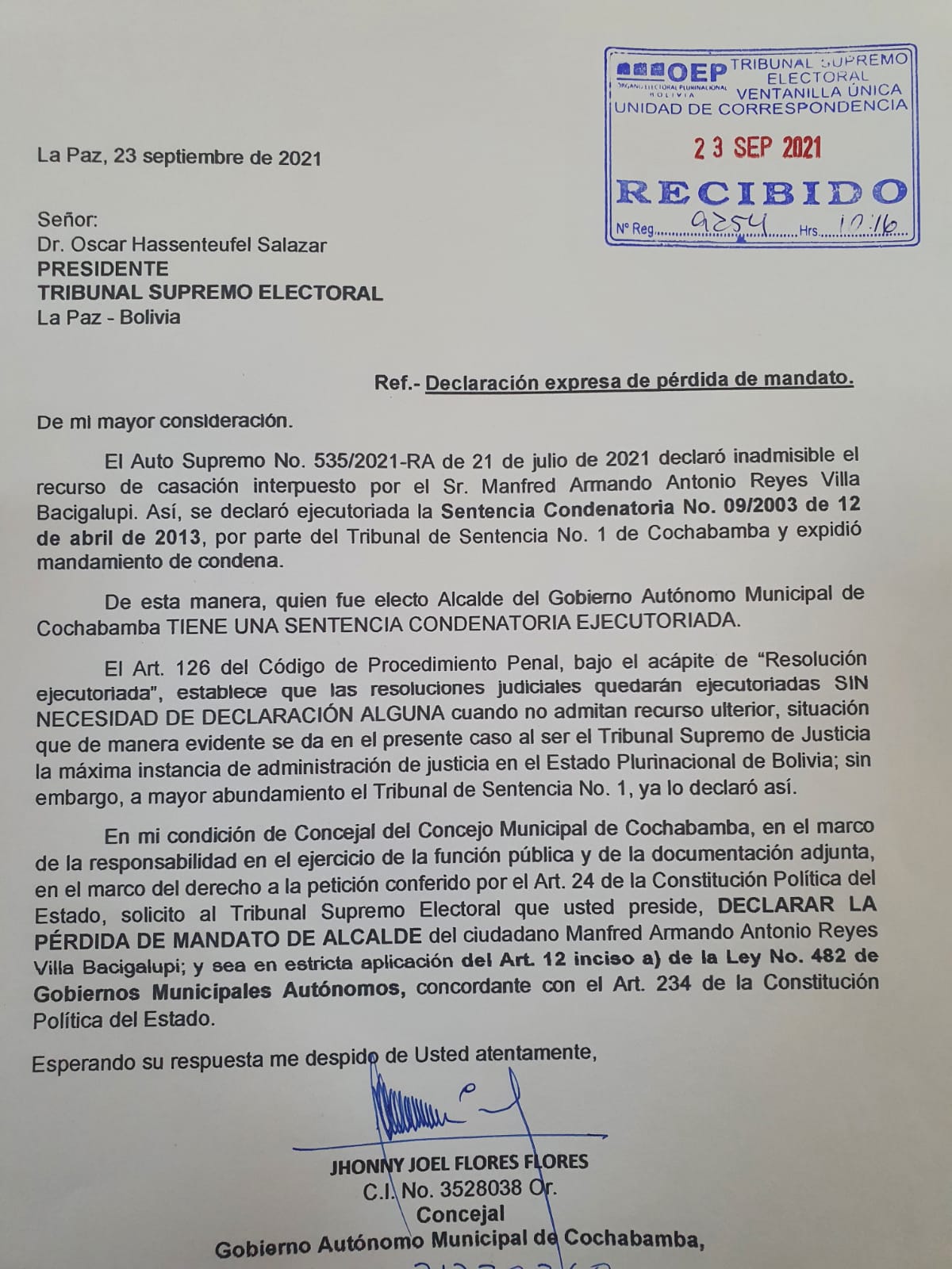 La carta presentada por Joel Flores.