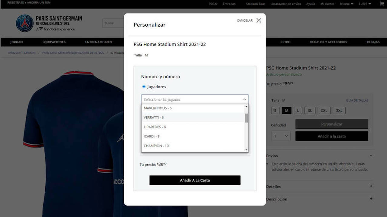 Así se encuentra el sitio oficial de la venta de camisetas del PSG. Captura de pantalla COPE