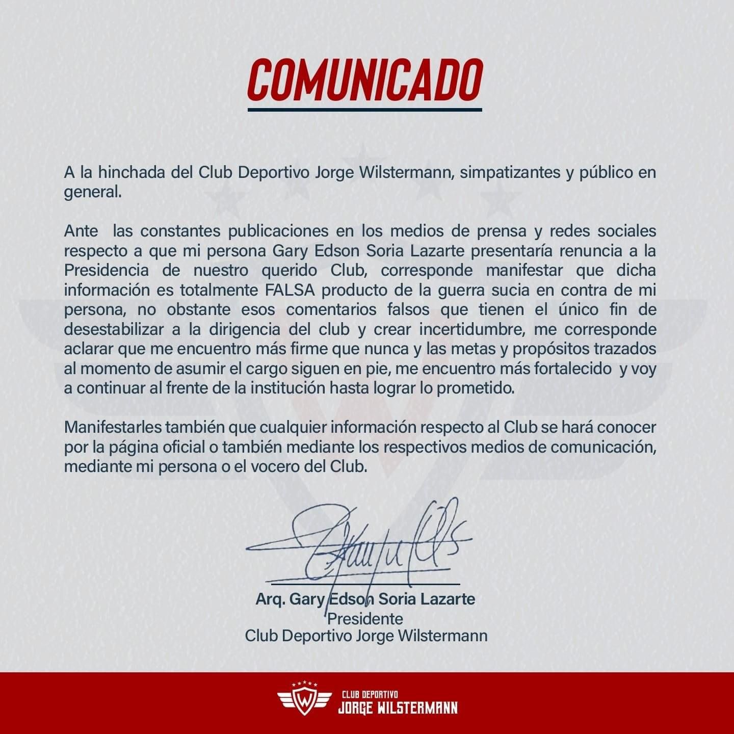Comunicado de Wilstermann respecto a la permanencia de Gary Soria.
