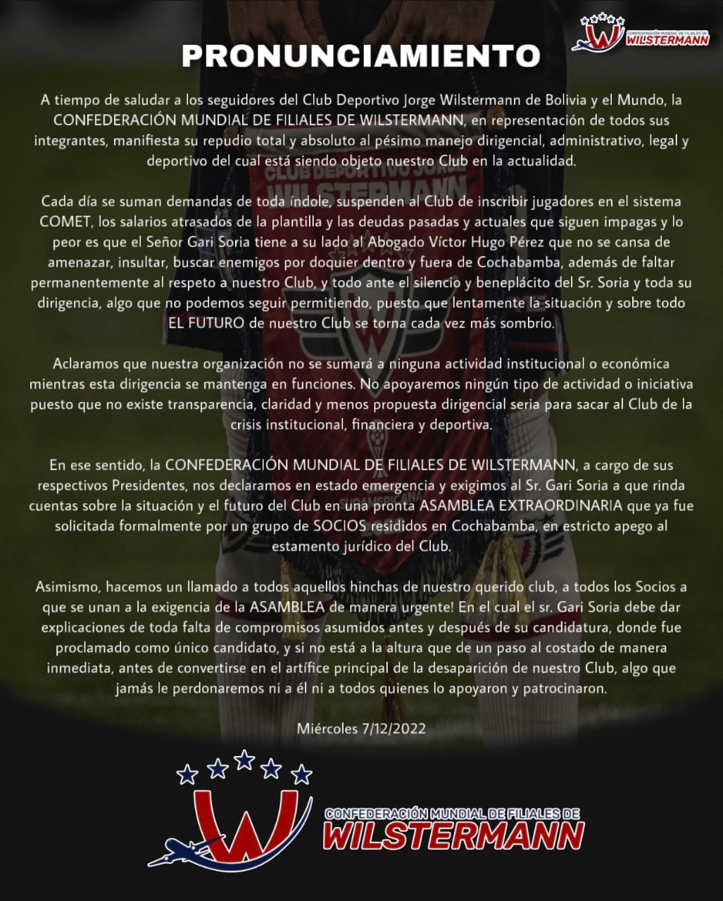 El comunicado de la Confederación Mundial de Filiales de Wilstermann respecto a la situación del club.